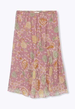 Jupe à motifs floraux en rose avec des accents jaunes et verts. Tissu léger et fluide avec une taille élastique. Design mi-long.