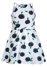 Blommig klänning i vitt tyg med blå rosor och gröna blad. A-linjeformad med tunna band och detaljerad rynkad midja.