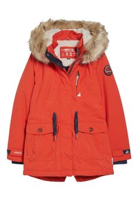 Pomarańczowa wodoodporna parka z kapturem z sztucznego futra, z zapięciem na zamek, dwoma przednimi kieszeniami i regulowanymi sznurkami. Posiada granatowe akcenty i branding.
