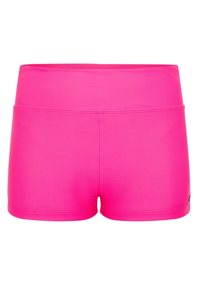 Shorts de sport roses avec une large ceinture. Fabriqués en tissu lisse et extensible. Présentent un design simple sans poches ni embellissements.