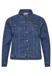 Denimjakke i mørkeblå med lange ærmer, krave, forreste knaplukning og to brystlommer med klap.