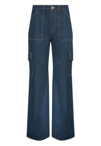 Korkeat lahkeet cargo-housut tummansinisestä denimestä, joissa on kaksi sivutaskua, etutaskut ja keltaiset tikkausdetaljit. Teksturoitu, kestävä kangas.