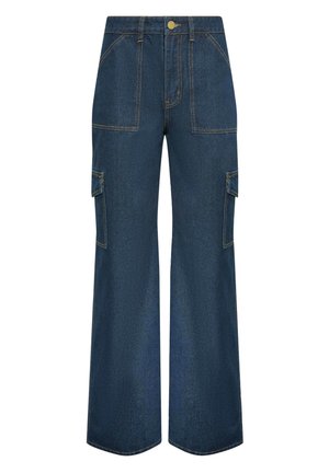Bredde ben cargo-bukser i mørkeblå denim med to sidelommer, frontlommer og gule syninger. Tekstureret, robust stof.