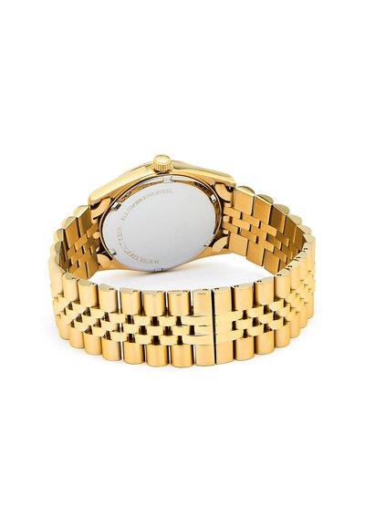 Zlatni inox sat na ruku s okruglom kućištem, povezanim narukvicama i sjajnim završetkom. Ima krunicu i glatku, neoznačenu stražnju stranu kućišta.