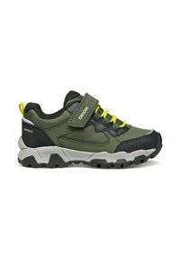 Chaussure de sport verte et noire avec un extérieur texturé, des lacets élastiques, une sangle Velcro et une semelle gris robuste avec un motif de traction noir.