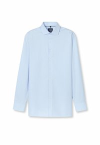 Hellblaues Langarmhemd mit strukturiertem Muster, mit Knopfkragen und weißen Knöpfen. Der Stoff ist glatt und hat aufgeschlagene Ärmel.