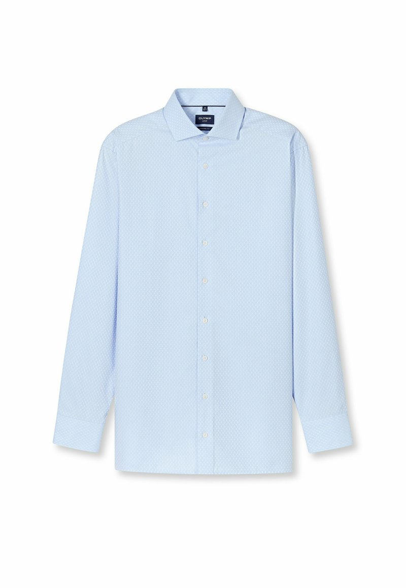 Hellblaues Langarmhemd mit strukturiertem Muster, mit Knopfkragen und weißen Knöpfen. Der Stoff ist glatt und hat aufgeschlagene Ärmel.