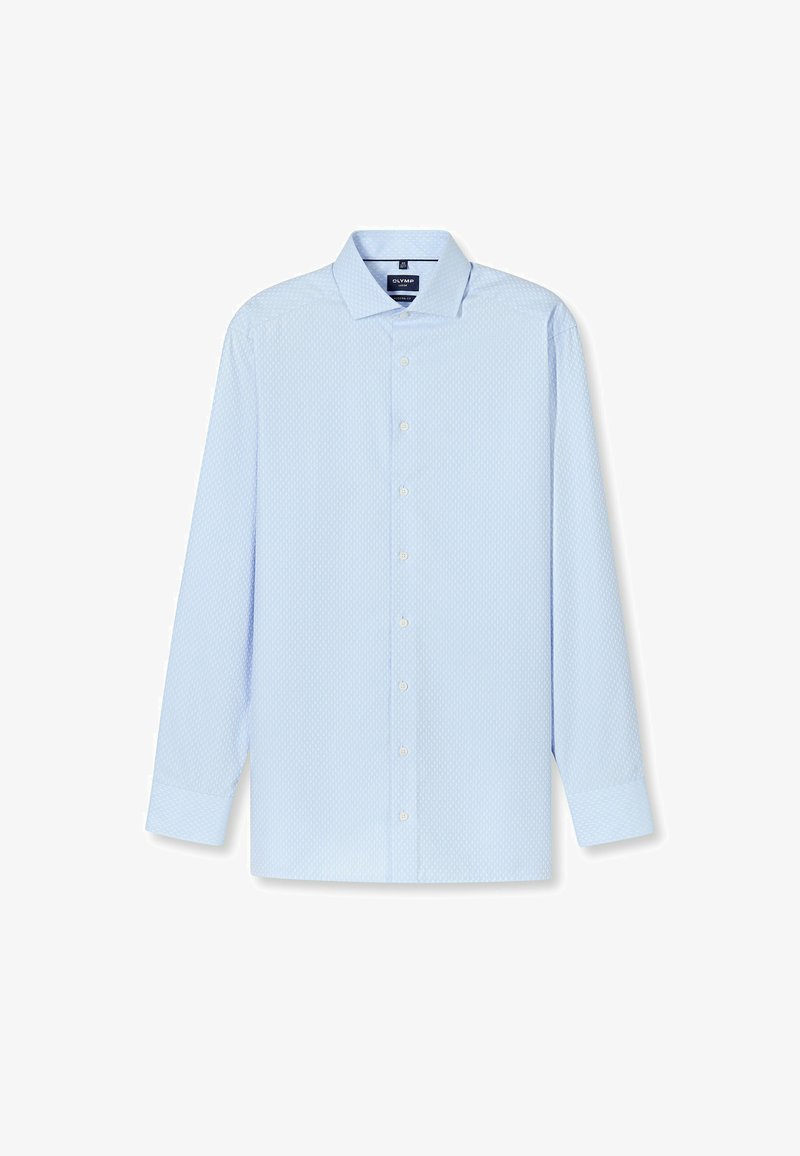 Hellblaues Langarmhemd mit strukturiertem Muster, mit Knopfkragen und weißen Knöpfen. Der Stoff ist glatt und hat aufgeschlagene Ärmel.