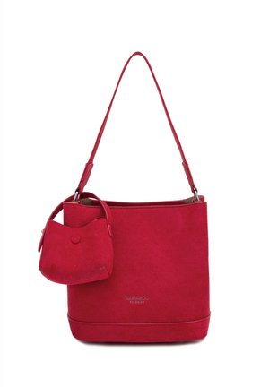 Red suede bucket bag with matching small pouch attached, single shoulder strap, and subtle embossed logo on front.