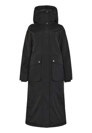 Manteau d'hiver noir long avec capuche, doté de deux poches avant à boutons, d'une coupe droite et d'une texture lisse.