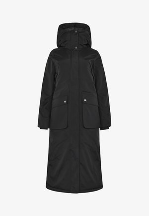 Sort lang pufferjakke med hætte, der har to forreste lommer med knaplukning, en lige pasform og glat tekstur.