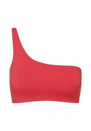 Czerwony bikini top na jedno ramię, wykonany z gładkiego, elastycznego materiału. Charakteryzuje się minimalistycznym wzornictwem z jedną grubą ramiączkiem po jednej stronie.
