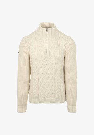 Crème kabelgebreide trui met een kwart-rits kraag, geribde manchetten en zoom, met textuurpatronen en een slim fit silhouette.