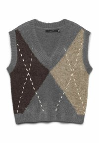 Chaleco gris de punto con cuello en V, con un patrón de diamantes en gris oscuro, gris claro y beige, con detalles de costuras en blanco contrastante.