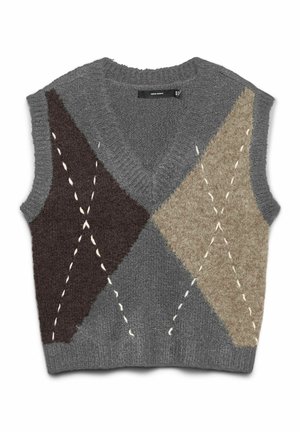 Grå stickad väst med v-ringning, med ett diamantmönster i mörkgrått, ljusgrått och beige, med kontrasterande vita sömmar.