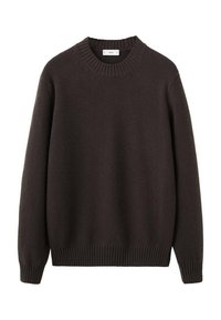 Bruine gebreide trui met een geribbelde ronde hals, lange mouwen en geribbelde boorden en zoom. Gemaakt van zacht garen met een gestructureerde afwerking.