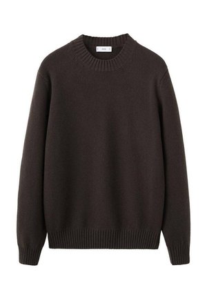 Brauner Strickpullover mit einem gerippten Rundhalsausschnitt, langen Ärmeln sowie gerippten Bündchen und Saum. Hergestellt aus weicher Wolle mit strukturierter Oberfläche.