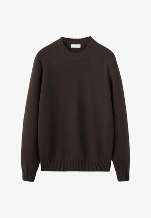 Brauner Strickpullover mit einem gerippten Rundhalsausschnitt, langen Ärmeln sowie gerippten Bündchen und Saum. Hergestellt aus weicher Wolle mit strukturierter Oberfläche.