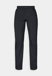 Black, lightweight, water-resistant pants with an elastic waistband and two side pockets; smooth texture; straight-leg design.
