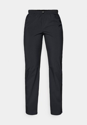 Black, lightweight, water-resistant pants with an elastic waistband and two side pockets; smooth texture; straight-leg design.
