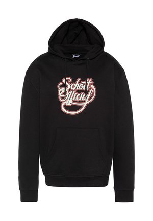 Schwarzer Kapuzenpullover mit Fronttasche und Kordelzug an der Kapuze, versehen mit stilisiertem "Schott Official"-Schriftzug in Weiß und Rot auf der Brust.