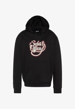 Sweat à capuche noir avec poche avant et capuche à cordon, arborant un texte stylisé « Schott Official » en blanc et rouge sur la poitrine.