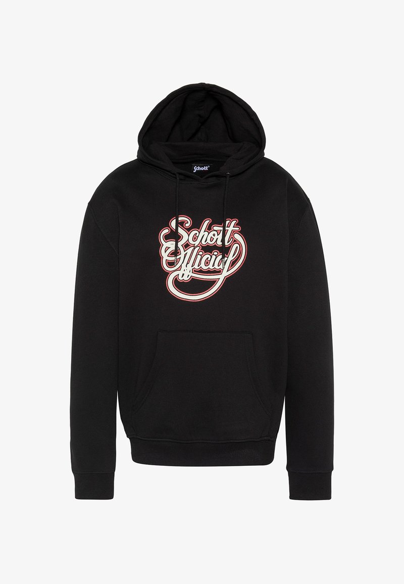 Sweat à capuche noir avec poche avant et capuche à cordon, arborant un texte stylisé « Schott Official » en blanc et rouge sur la poitrine.