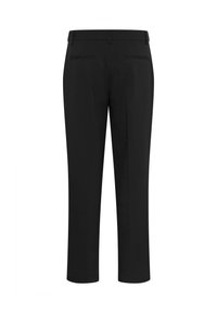 Pantaloni neri con un design a gamba dritta, dotati di tasche posteriori e una texture liscia, progettati per un fit sartoriale.