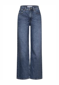 Jeansy typu wide-leg w ciemnoniebieskim dżinsie z jasnym wykończeniem, z detalami w postaci ćwieków wzdłuż zewnętrznych szwów oraz klasycznym pięciopocketowym krojem.