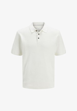 Fehér pólóing rövid ujjakkal, textúrált mintázattal, három gombos légzéssel, bordázott gallérral és aljjal.