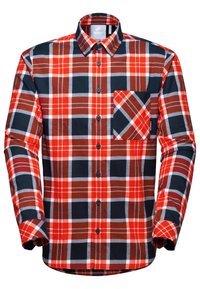 Camisa de franela a cuadros rojos y marinos con mangas largas, cierre de botones en la parte delantera y un bolsillo en el pecho que presenta un patrón a juego.