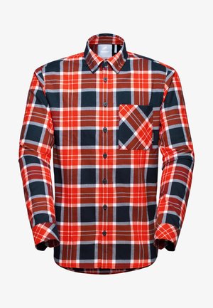Chemise en flanelle à carreaux rouges et bleus marine, à manches longues, avec un devant à boutons et une poche poitrine arborant le même motif.