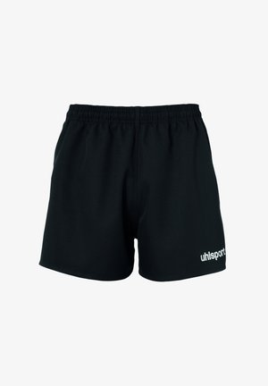 Sorte sportsshorts lavet af blødt stof, med en elastisk talje og et hvidt logo på nedre højre side.