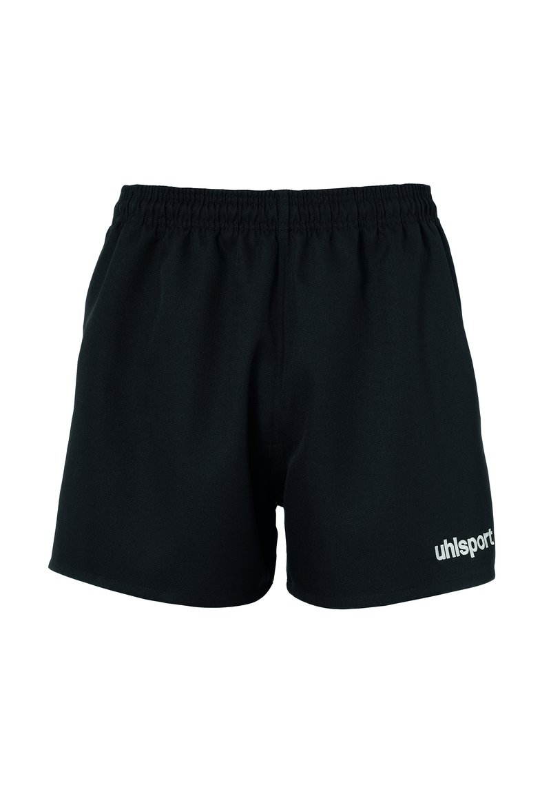 Zwarte sportshorts van zacht materiaal, met een elastische tailleband en een wit logo aan de onderkant van de rechterkant.