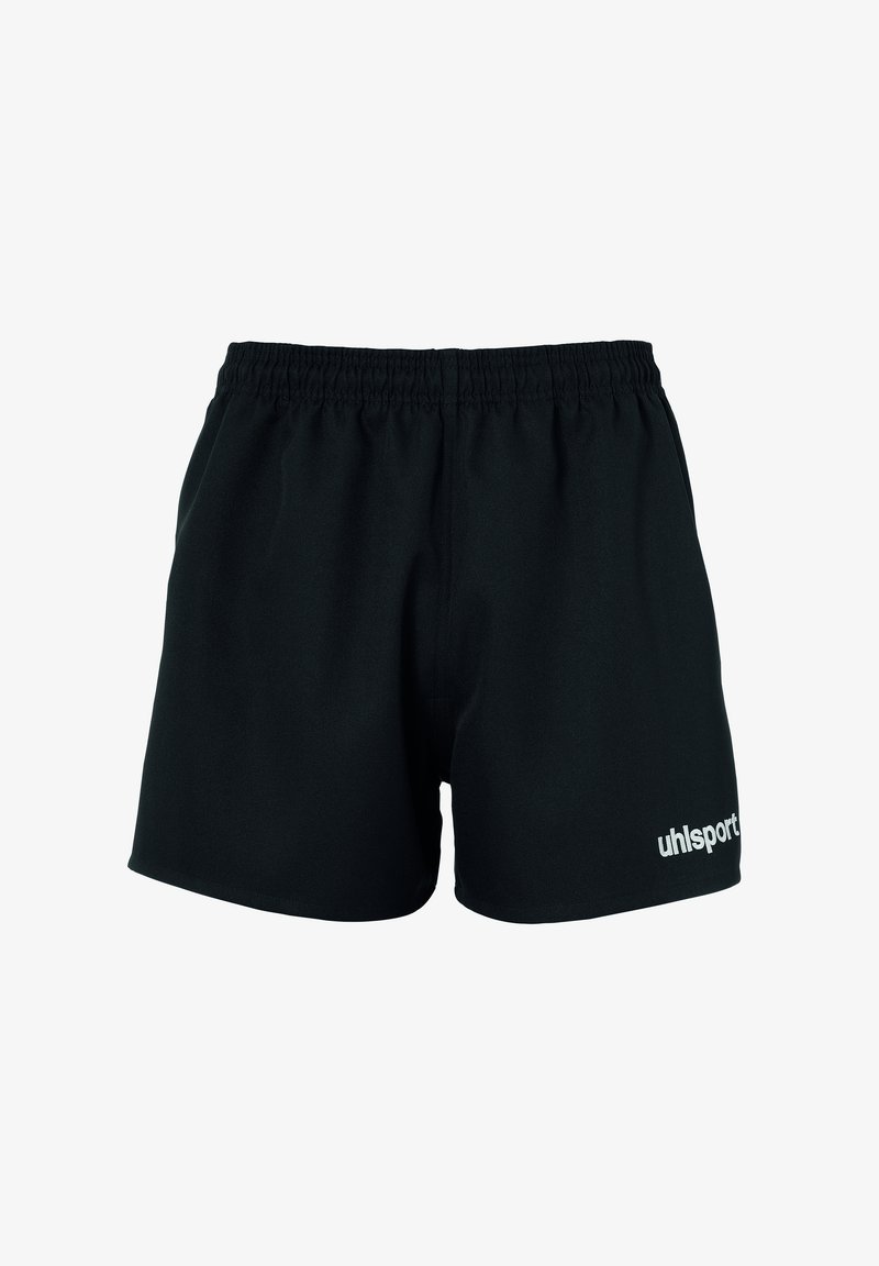 Zwarte sportshorts van zacht materiaal, met een elastische tailleband en een wit logo aan de onderkant van de rechterkant.