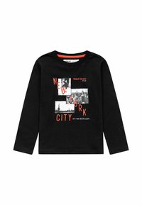 Black long-sleeve shirt featuring graphic prints of New York landmarks and text in red and white, with a crew neckline and soft cotton material.