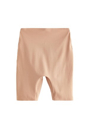 Pantaloni scurți de biciclist bej, cu talie înaltă și lungime până la mijlocul coapsei, dintr-un material neted și elastic.