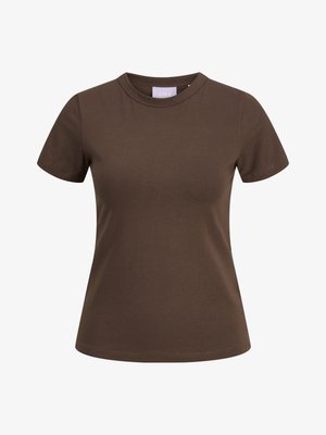 Camiseta de algodón marrón con mangas cortas y escote redondo. Presenta un diseño ajustado y un detalle de costura mínimo. Etiqueta visible en el interior del escote.