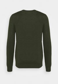 Pull en maille vert foncé avec des manches longues et un col rond. La texture en tricot est lisse, sans motifs ni ornements visibles.