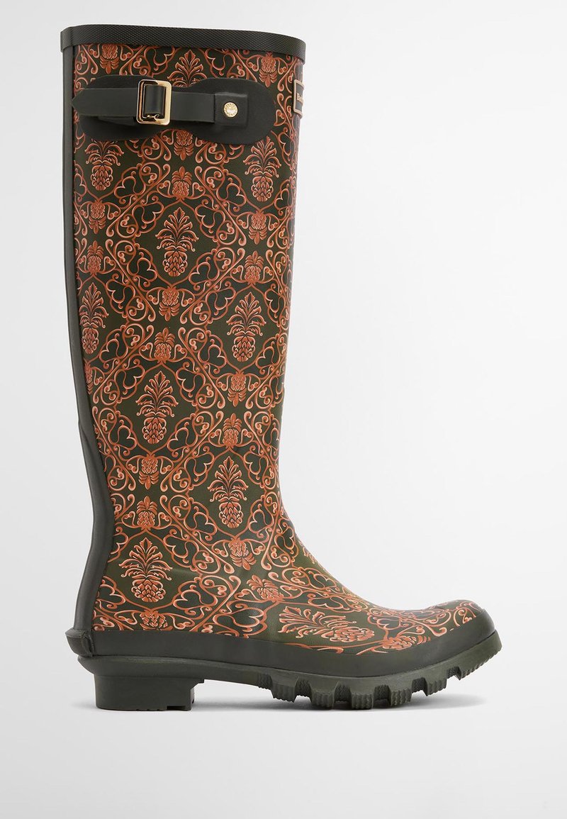 Knee-high kummiv ботинок tume rohelise alusega ja vaskse lillemustriga. Omab musta rihma klambrit ja tekstureeritud tallat, et tagada haardevuus.