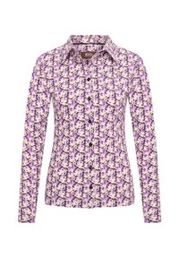 Camisa de botones de manga larga con un patrón floral púrpura, confeccionada en una tela ligera, con un cuello clásico y botones en contraste.