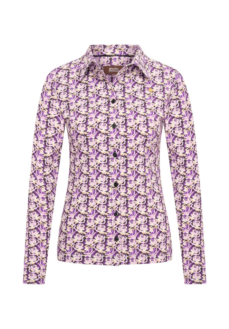 Camisa de botones de manga larga con un patrón floral púrpura, confeccionada en una tela ligera, con un cuello clásico y botones en contraste.