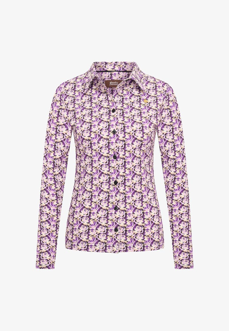 Langärmliges Hemd mit Knopfleiste, das ein lila Blumenmuster aufweist, aus leichtem Stoff gefertigt ist und über einen klassischen Kragen sowie kontrastierende Knöpfe verfügt.