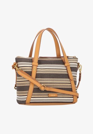 Borsa in tela a righe marrone scuro e crema, con dettagli in pelle color cuoio, doppi manici e tracolla regolabile.