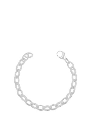 Silbernes Kettenarmband mit ovalen Gliedern und Karabinerverschluss auf weißem Hintergrund.