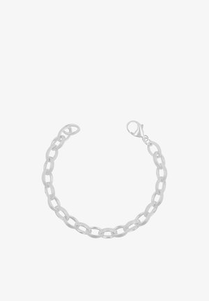 Silbernes Kettenarmband mit ovalen Gliedern und Karabinerverschluss auf weißem Hintergrund.