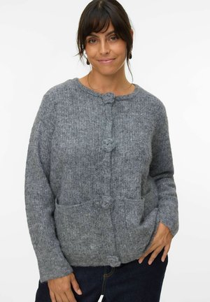 Gray knitted cardigan featuring a round neckline, three large front buttons, and two front pockets with a textured fabric design.