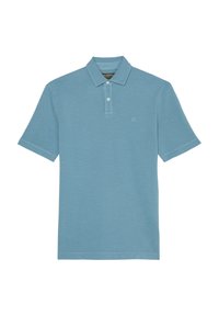 Polo shirt in light blue, short sleeves, made of textured fabric, features a two-button placket and a small logo on the chest.