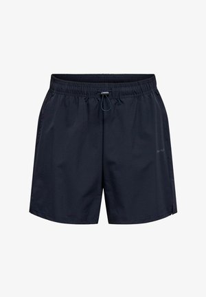 Mustat joustavat vyötärön shortsit, joissa säädettävä nyöri, kevyt kangas ja sivutaskut, suunniteltu rentoon tai urheilulliseen käyttöön.