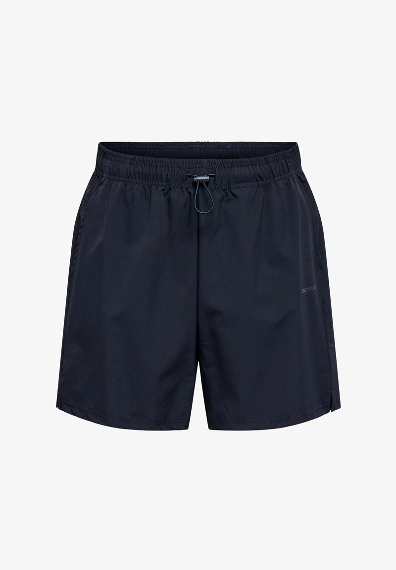 Shorts à taille élastique noire avec cordon de serrage ajustable, tissu léger et poches latérales, conçus pour un usage décontracté ou sportif.
